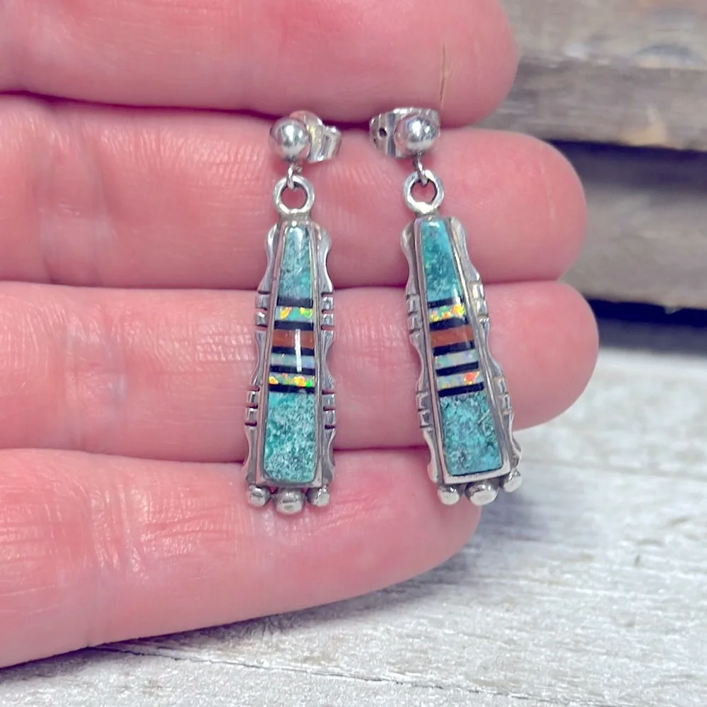 Ervin Tsosie great shape micro inlay turquoise Kyocera opal sterling earrings - Picture 3 of 8